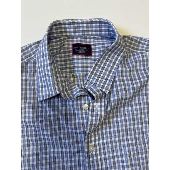 Untuckit Men's Lg Classic Fit Plaid Shirt Short Sleeve blue checked pattern - Picture 1 of 5